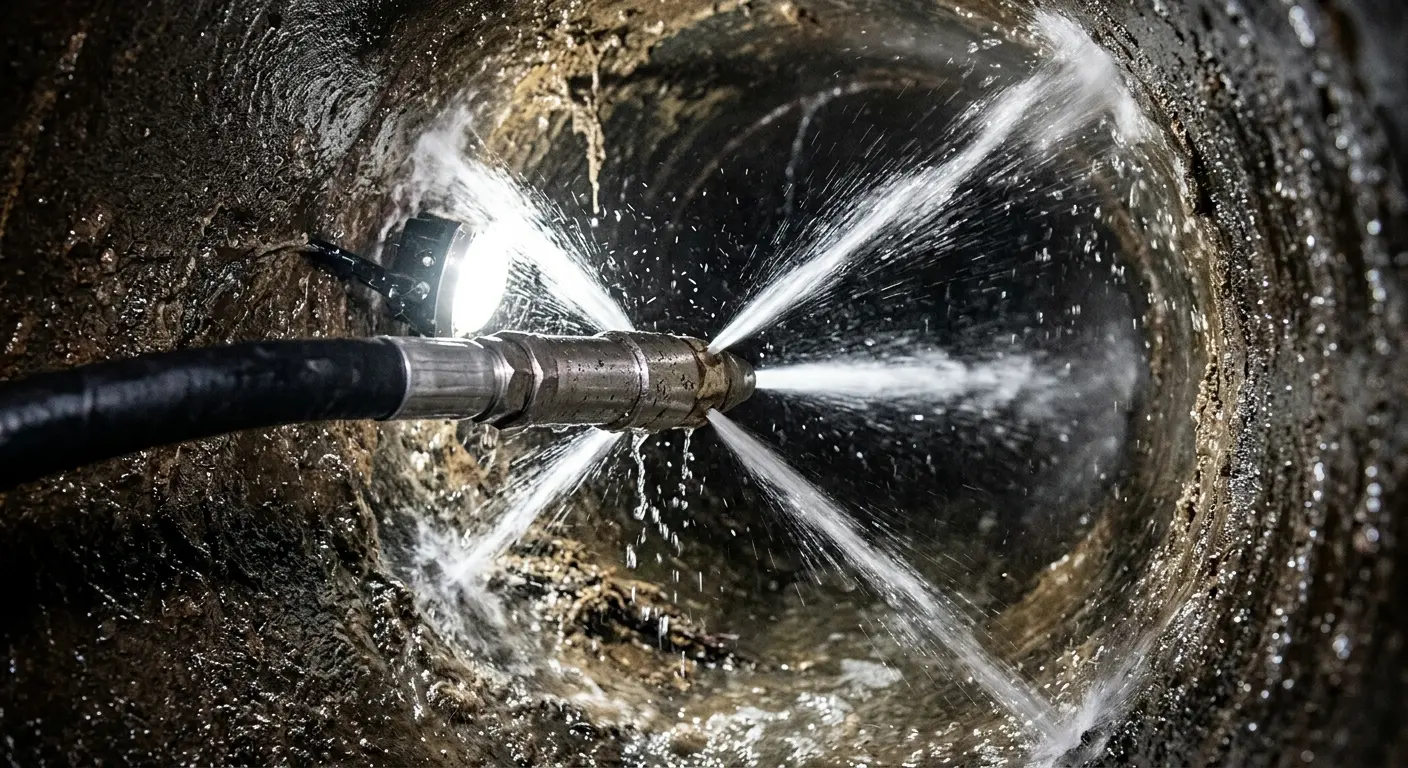 High-pressure hydro jetting nozzle cleaning sewer pipe for Sewer Cleanout in Plattsmouth