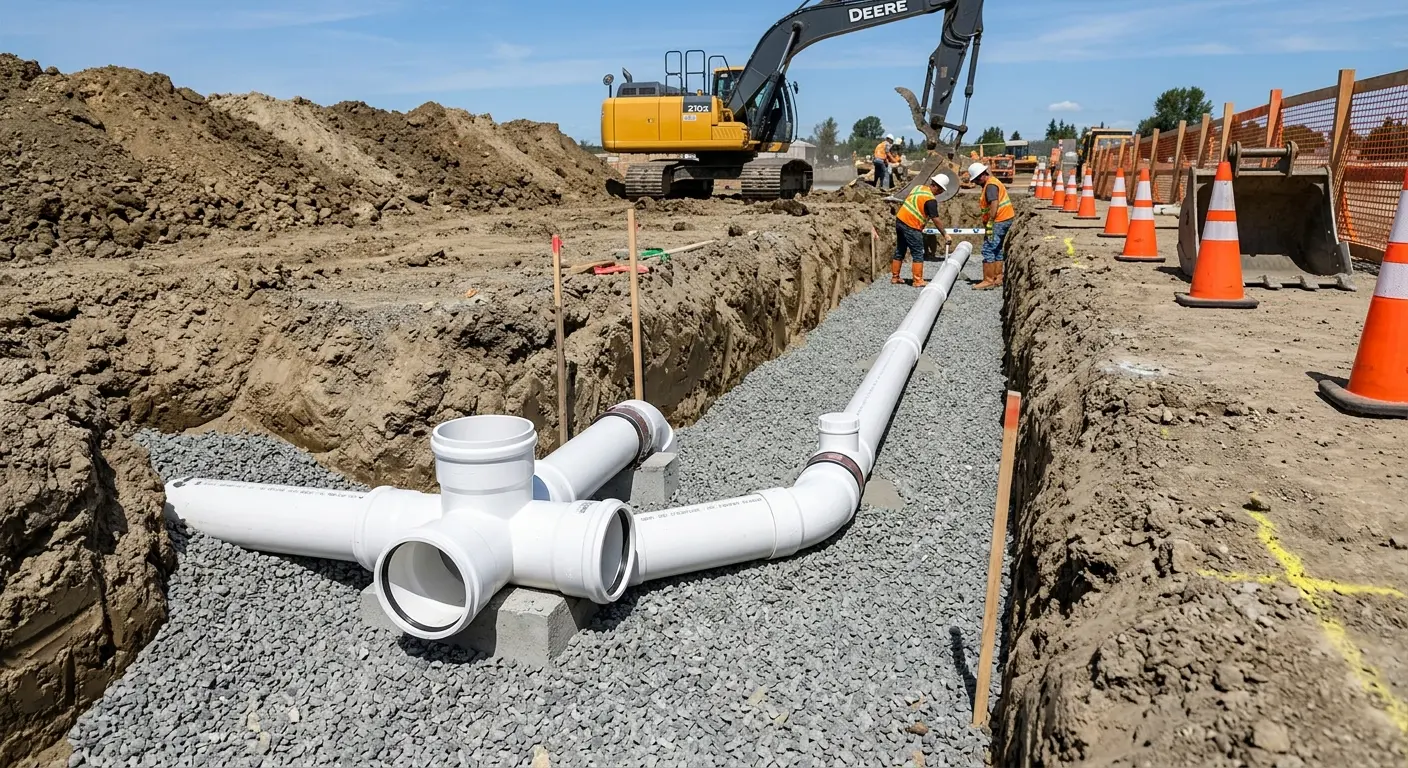 New PVC sewer pipe installation in open trench for Commercial Drain Cleaning in Plattsmouth