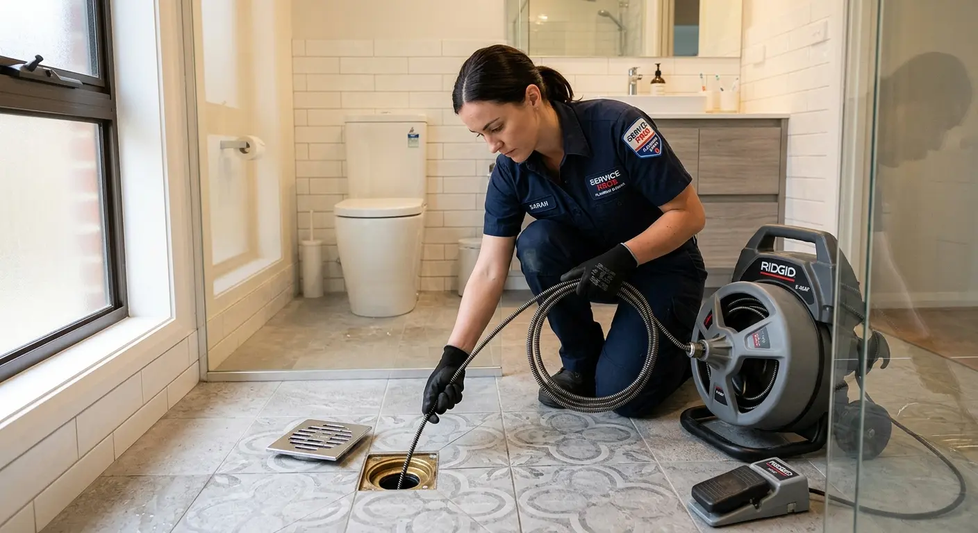 Technician clearing a bathroom floor drain for Clogged Drain Repair in Plattsmouth
